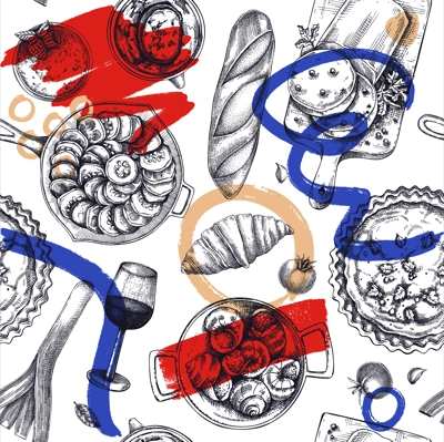 French food seamless pattern. Vintage food and wine sketches. European restaurant menu design. Collage-style France background. Hand-drawn vector illustration, NOT AI generated